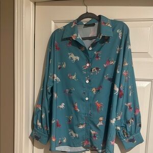 Teal Button-Up Shirt with Horse Print